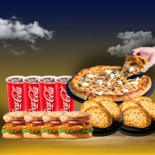 1 Cheese Burst Pizza [10"] + 2 Cheese Garlic Bread + 4 Burger + 4 Coke