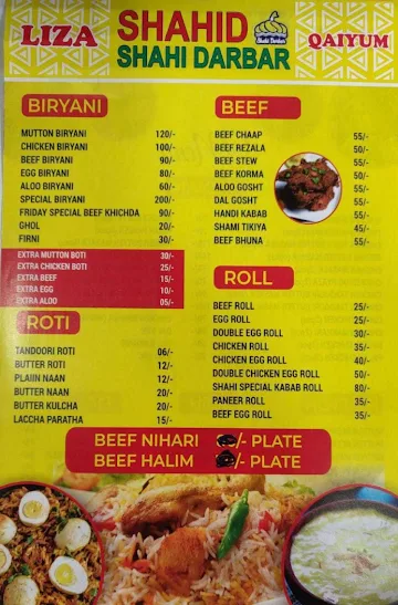 Shahid Shahi Darbar menu 