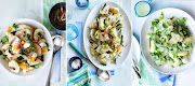 From left: potato salad with bacon and egg vinaigrette, spiced potato salad, and minty potato and pea salad.