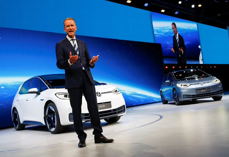 VW CEO Herbert Diess with a pre-production ID.3 at last year’s Frankfurt Motor Show. Picture: REUTERS