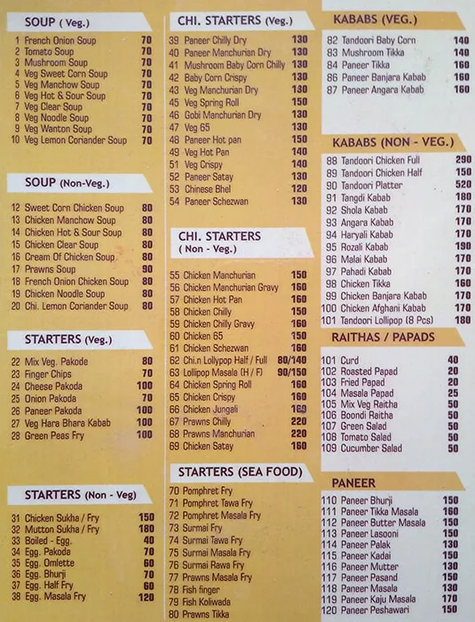 Zaffran Family Restaurant menu 