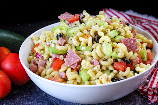 A bowl of Donna's Macaroni Salad.