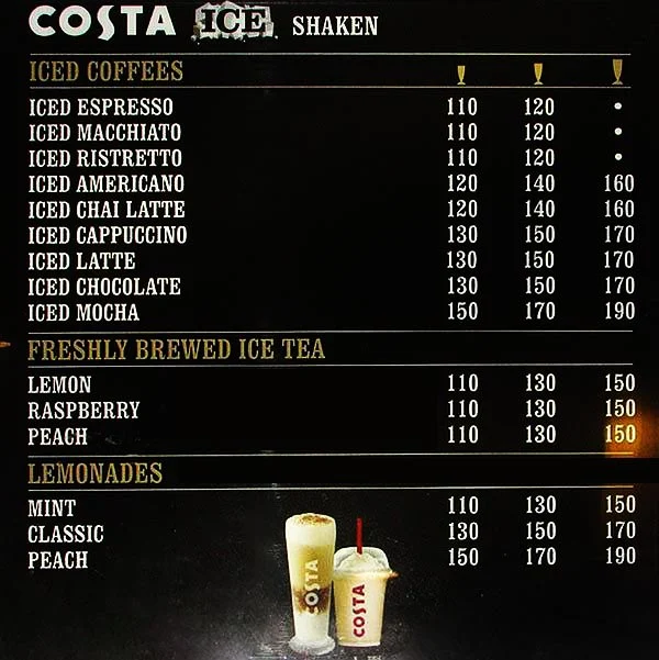 Costa Coffee menu 