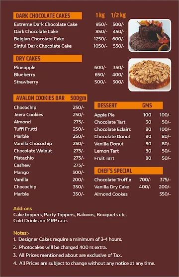 Avalon Bakers menu 