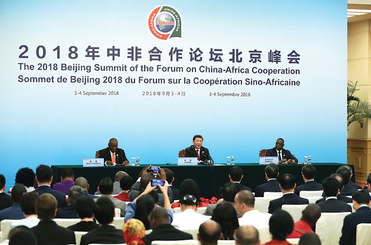 At the FOCAC Beijing Summit on September 3 and 4, HE Chinese President Xi Jinping, centre, HE President Cyril Ramaphosa, the outgoing co-chair of FOCAC, and Senegalese President Macky Sall, the incoming chair, jointly met the press. Picture: SUPPLIED