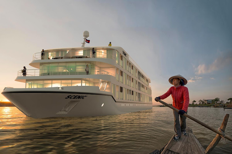 The new luxury river ship Scenic Spirit sails the Mekong River.