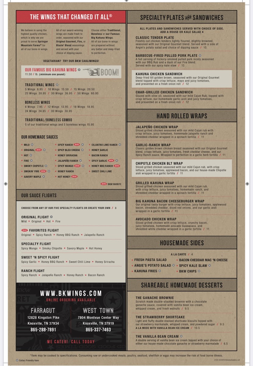 Big Kahuna Wings - Farragut gluten-free menu