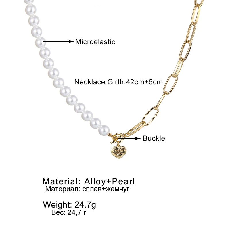 Collar de moda con perlas sencillas, corazón y letras inglesas. Un accesorio elegante y romántico para realzar tu estilo diario con encanto.