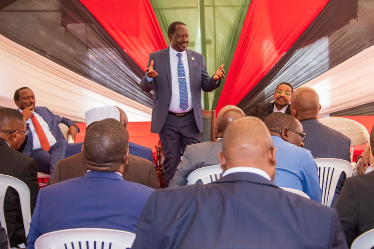 Azimio leader Raila Odinga speaking during an Azimio Parliamentary Group meeting on August 1, 2023.