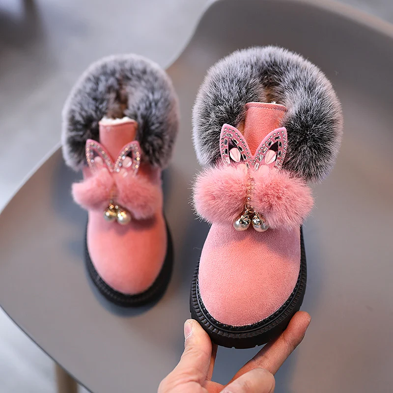 Kinder sneeuwlaarzen voor meisjes, platte zool, prinsessenstijl, katoen, mode, verdikt, fluweel, korte laarzen, warme winterlaarzen.