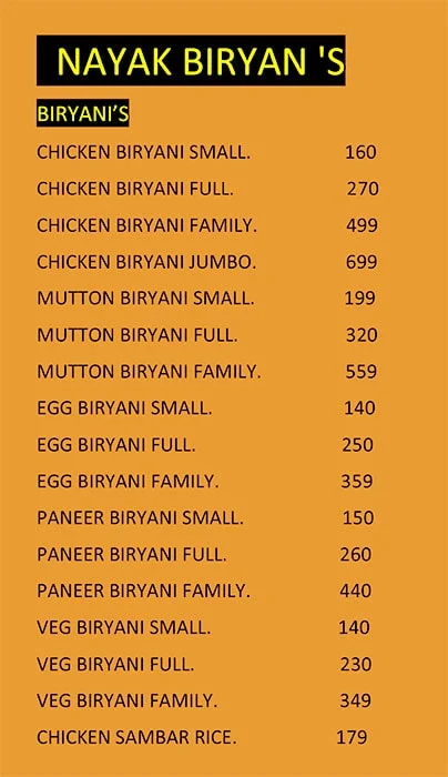 Nayak Biryani's menu 