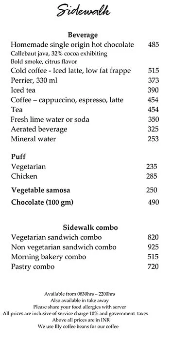 Sidewalk, Hyatt Regency menu 