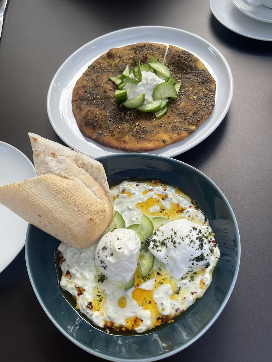 Cucumber mint flat bread and poached egg in yogurt and chili oil