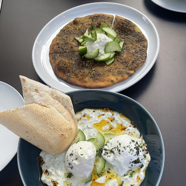 Cucumber mint flat bread and poached egg in yogurt and chili oil