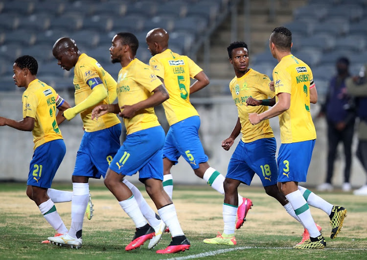 Ricardo Nascimento of Mamelodi Sundowns celebrates goal with teammates during the Nedbank Cup Semi Final match between Mamelodi Sundowns and Bidvest Wits at Orlando Stadium on August 08, 2020 in Johannesburg.