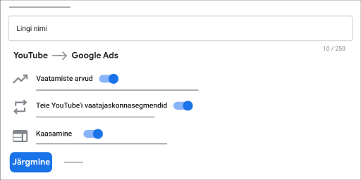 Pilt, mis näitab, kuidas teenuseid YouTube'i kanali ja Google Adsi konto vahel linkida.