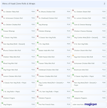 Kaati Zone Rolls & Wraps menu 