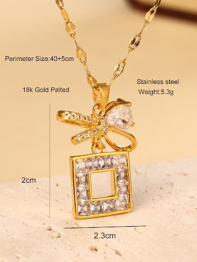 Title 2, Bow Knot Zircon Stainless Steel Necklace, New G...