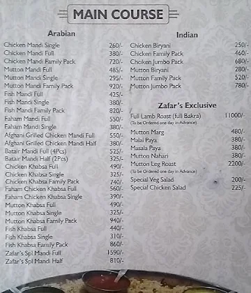 Zafar's Fine Dine menu 