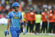 Dewald Brevis of MI Cape Town departs during the Betway SA20 match between Sunrisers Eastern Cape and MI Cape Town at St George's Park on January 16, 2023 in Gqeberha, South Africa. 