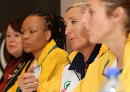 (L-R) Blanche de la Guerre (Vice-president NSA), Zanele Mdodana (Vice-captain), Elize Kotze (Coach) and Amanda Mynhardt (Captain) during the South African national netball team press conference held at the Garden Court on June 03, 2012 in Pretoria, South Africa.