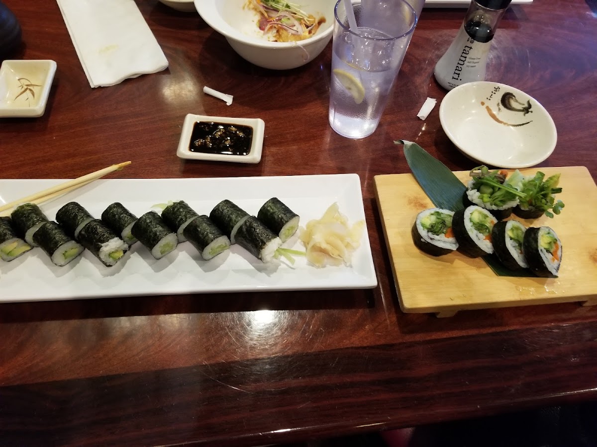 Cucumber rolls, avocado rolls and veggie combo roll with Tamari soy sauce.