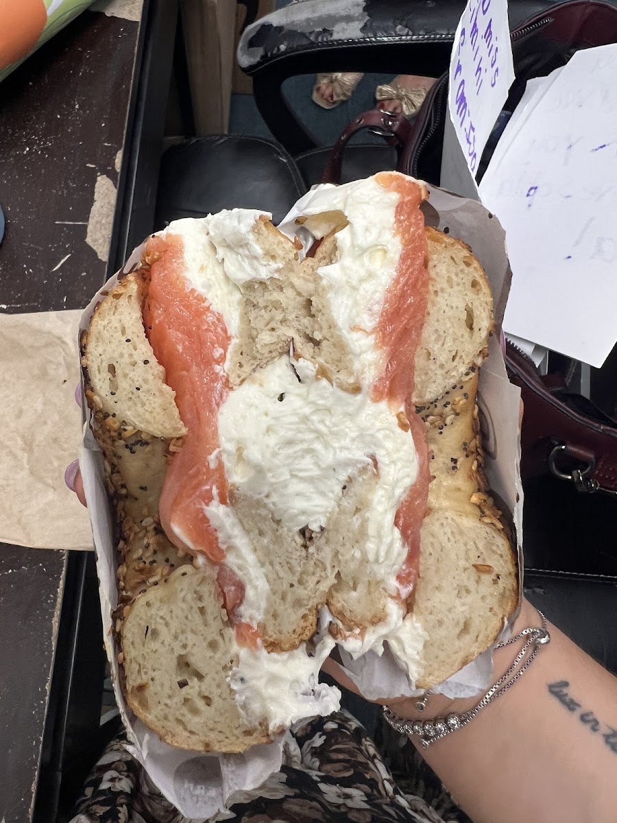 Everything bagel toasted with lox and cream cheese