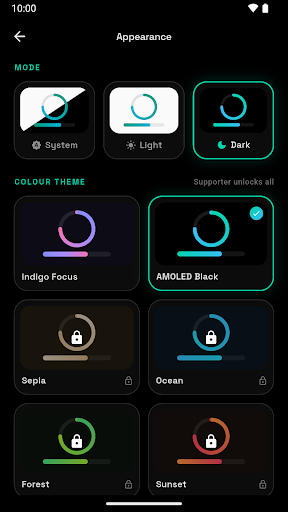 Appearance settings with light, dark, and colour themes
