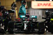 George Russell of Great Britain driving the (63) Mercedes AMG Petronas F1 Team Mercedes W11 makes a pitstop during the F1 Grand Prix of Sakhir at Bahrain International Circuit on December 06 2020.