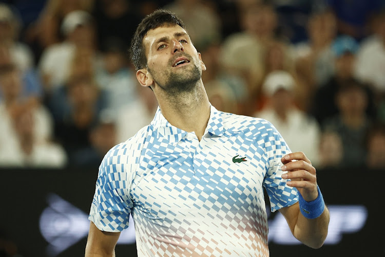 Novak Djokovic of Serbia reacts in his quarterfinal against Andrey Rublev on day 10 of the 2023 Australian Open at Melbourne Park on January 25 2023.