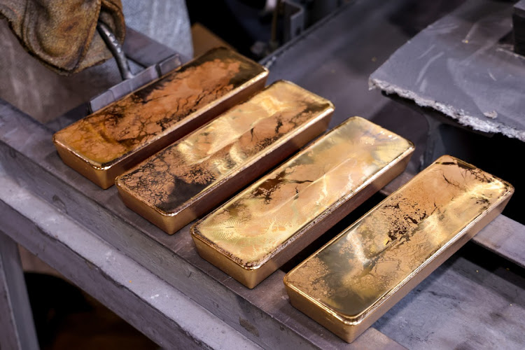 Newly cast gold ingots in the foundry at the JSC Krastsvetmet non-ferrous metals plant in Krasnoyarsk, Russia, on July 12 2021. Picture: BLOOMBERG/ANDREY RUDAKOV