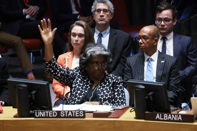 US ambassador to the UN Linda Thomas-Greenfield votes against a Brazil-sponsored draft resolution at UN headquarters in New York, the US, October 18 2023. Picture: MIKE SEGAR/REUTERS