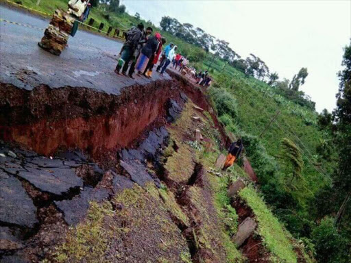 Kanjama kiria-ini kangema Road Muranga County where a section of the road has collapsed due to a landslide therefore rendering it impassable/Courtesy