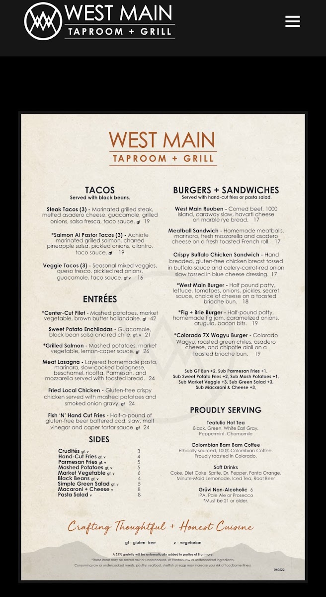 West Main Taproom + Grill gluten-free menu