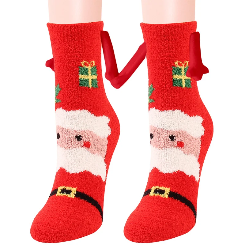 Meias de casal magnéticas de Natal, com sucção e coral fleece. Meias de tubo quentes e macias para o inverno, tipo pantufa.