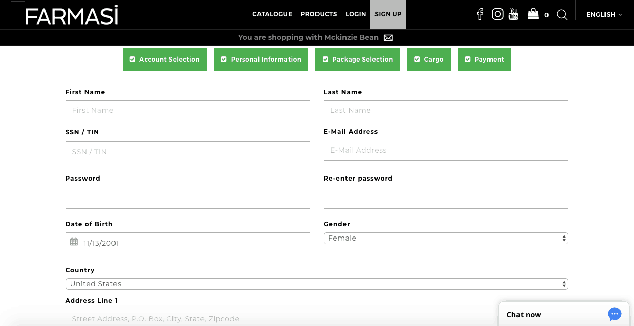 Screenshot of the farmasi beauty influencer sign up page