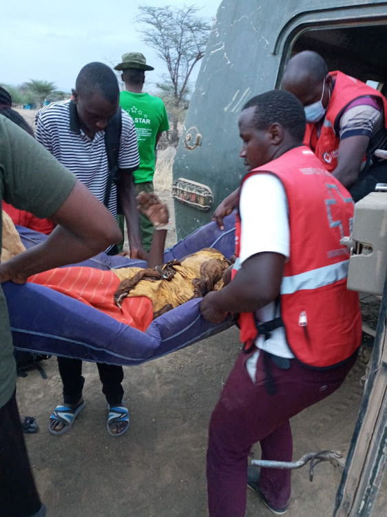 Attack victim being assisted to the hospital by clashesin the volatile, disputed Kapedo area on the border of Baringo and Turkana.