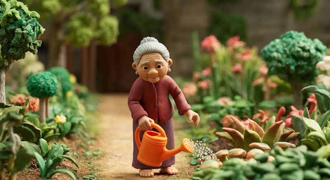 a scene made entirely of clay depicting an elderly woman wearing a flowing red top and taupe skirt. She is walking on a straight path in a garden, with lush plants growing on either side of the path. She is holding  a large orange watering can in her right hand and is using it to water the plants.