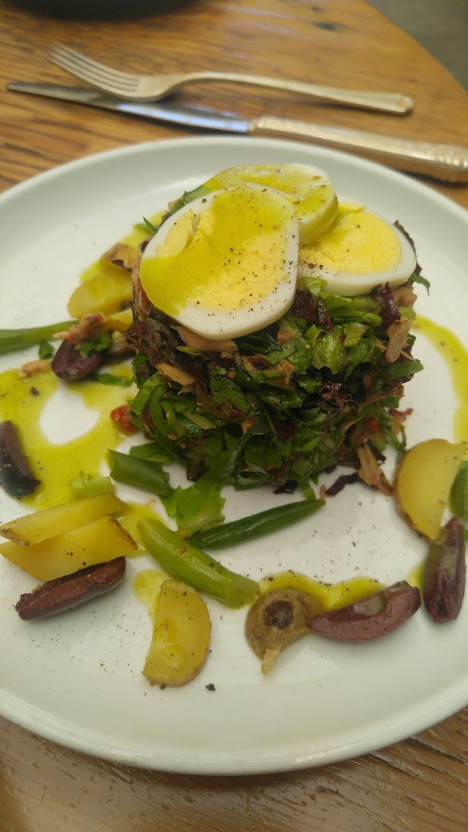 Catch of the day salad (Wild Goat version of a tuna nicoise) with capper and egg, drizzled with lemon olive oil vinaigrette.