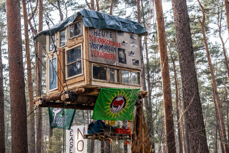 Activists from the environmental action group "Robin Wood" have built tree houses in an effort to prevent expansion of the nearby Tesla gigafactory near Gruenheide, Germany.