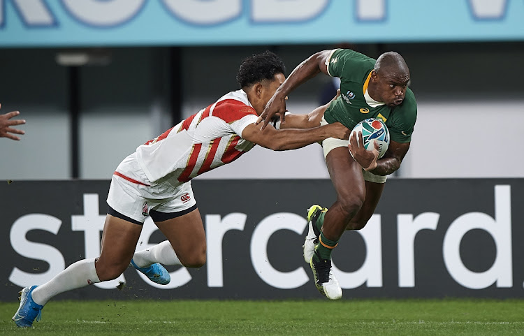 Makazole Mapimpi (left) under pressure during the Rugby World Cup 2019 quarterfinal match between Japan and South Africa at the Tokyo Stadium in Chofu, Japan, October 20 2019 Picture: PABLO MORANO/MB Media/GETTY IMAGES