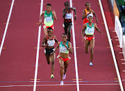 Ethiopia's Gudaf Tsegay and Kenya's Beatrice Chebet in action during the women's 5000m final. 