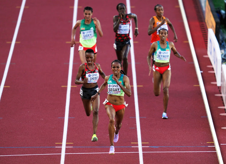 Ethiopia's Gudaf Tsegay and Kenya's Beatrice Chebet in action during the women's 5000m final.