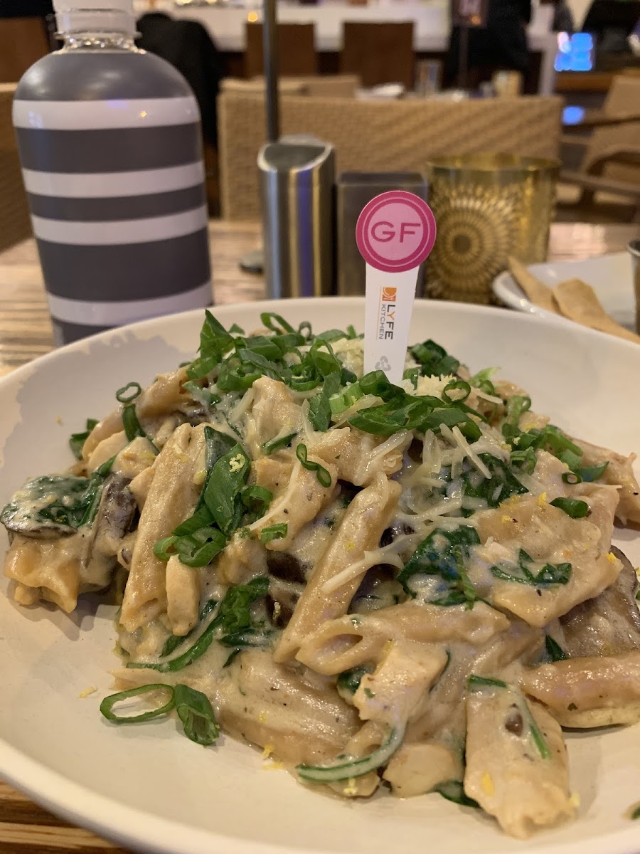 Dairy free (cashew cream), GF lentil pasta.