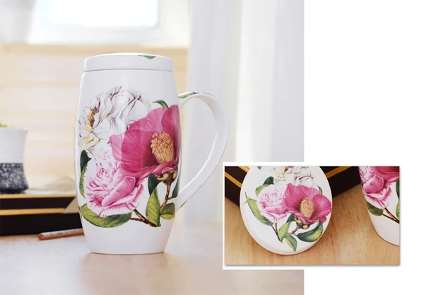 Caneca de café da manhã Bone China com tampa e colher. Cerâmica de grande capacidade, design tambor cintura, perfeita para o seu café.