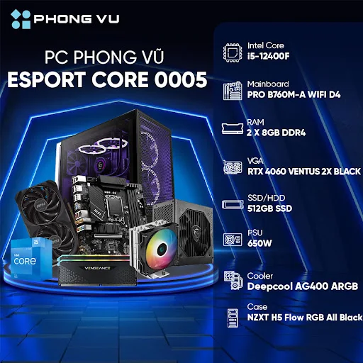 PC PV Esport Core 0005 (Intel Core i5-12400F/2 x 8GB/512GB SSD/GeForce RTX 4060/Free DOS)