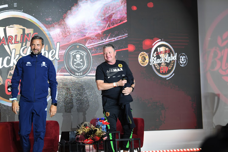 Orlando Pirates coach Josef Zinnbauer and Kaizer Chiefs Gavin Hunt during the 2021 Carling Black Label Cup Launch at Focus Rooms on May 25, 2021 in Johannesburg.