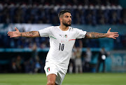 Lorenzo Insigne of Italy celebrates after scoring his side's third goal in the Uefa Euro 2020 Championship Group A match against Turkey at the Stadio Olimpico in Rome on June 11 2021.