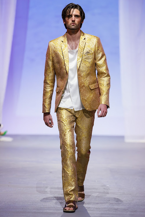 A model walks for Ruald Rheeder at SA Menswear Week, spring summer 24.