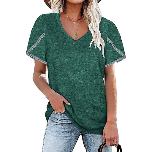Title 7, V-neck Lace Short-sleeved Shirt Loose Color Cot...